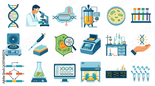 Science Lab Equipment, DNA, Microscope, Cell, Vector Icons for Biotechnology