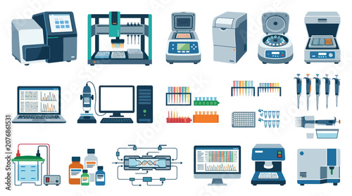 Lab Equipment Flat Icons Set - Science, Technology, Research, Medicine