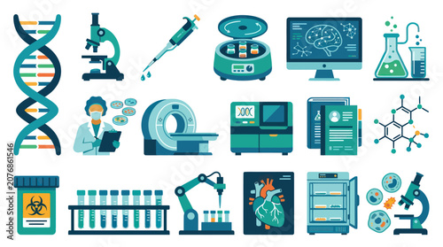 Medical Science Biotechnology Research Laboratory Flat Vector Icons Set with Lab Equipment  Health Concepts