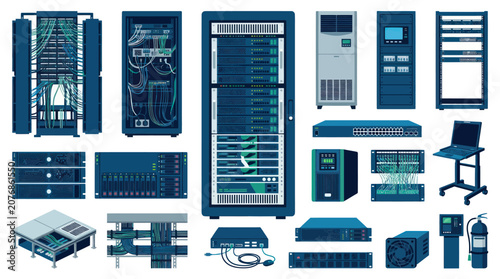 Information Technology Data Center Infrastructure Flat Vector Set: Servers, Racks, Network Equipment  Hardware