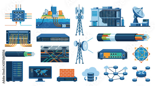 Flat Vector Illustration Set of Technology Networking and Internet Telecommunication Infrastructure Icons