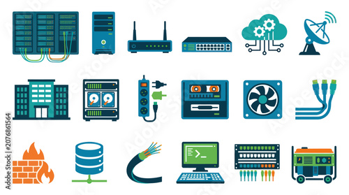 Flat Vector Technology Icons: IT Infrastructure, Networking  Data Center Equipment Set