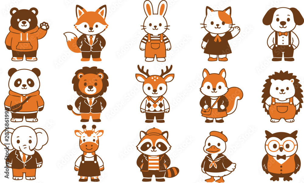 Obraz premium Cute cartoon animal characters dressed in clothing set collection