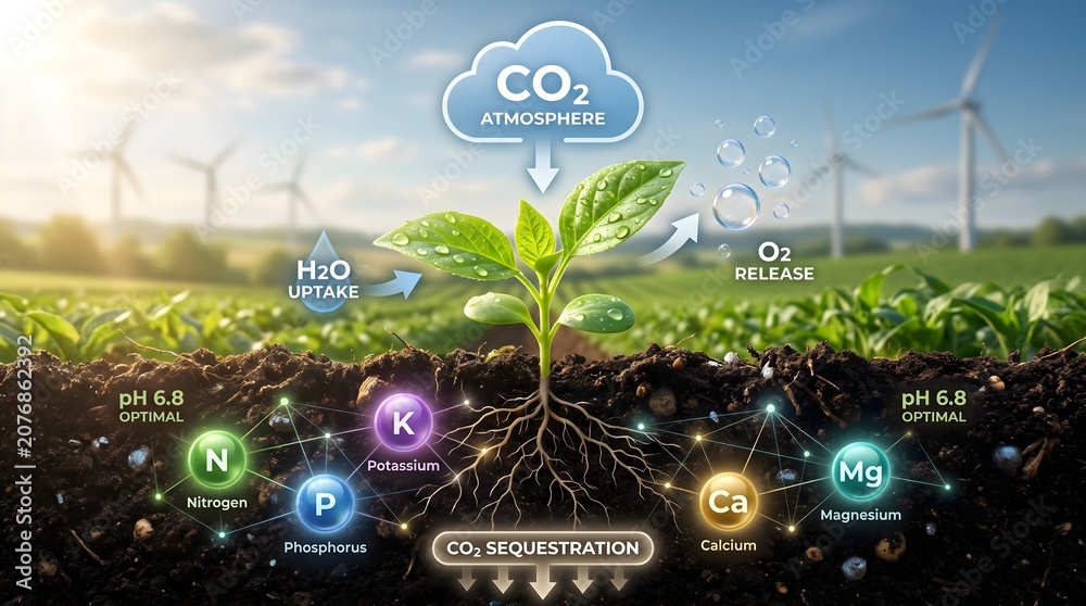 Fototapeta premium Smart farming infographic displaying photosynthesis process and mineral absorption of a plant