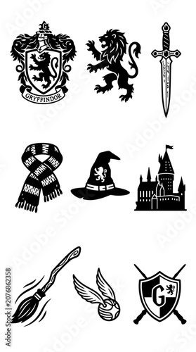 Fotografie Fantasy School Symbols: Crest, Lion, Sword, Scarf, Hat, Castle, Broom, Ball, Shi
