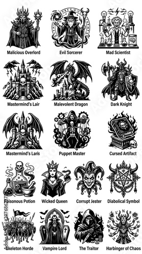 Photos Fantasy Villains Collection: Dark Overlord, Dragon, Wizard, Queen, Knight, Scien