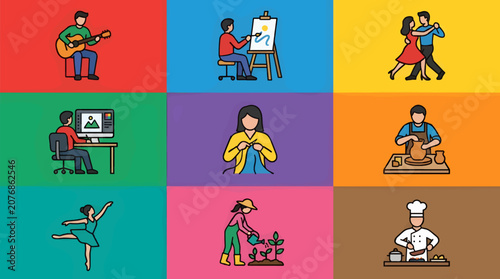 Schilderij op canvas Diverse Creative Hobbies Flat Icons Set: Guitarist, Painter, Dancers, Digital Ar