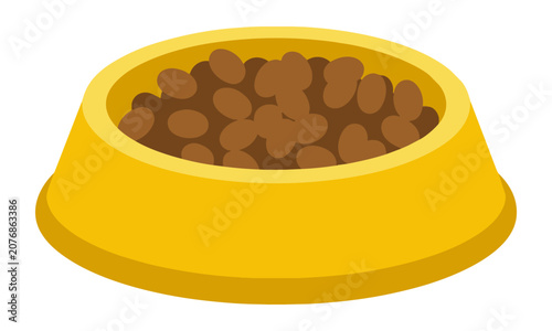 A vibrant yellow pet bowl filled with rounded brown kibble pieces, isolated on white, a clean pet food and nutrition concept