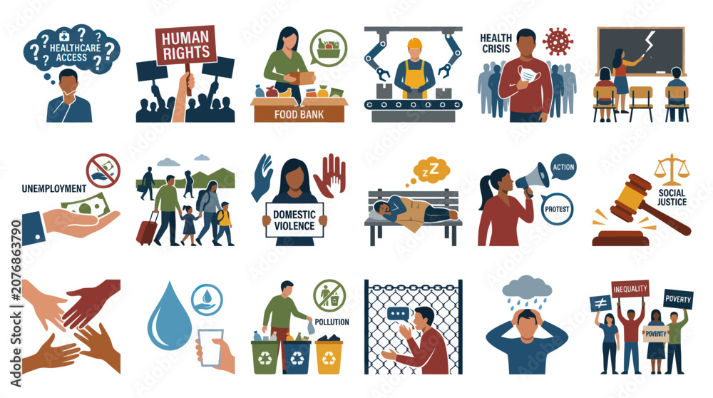 Fototapeta premium Social Issues and Human Rights Flat Icons: Healthcare, Food, Poverty, Justice
