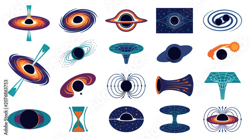 Astronomy and Space Science Flat Vector Black Hole Icons Set: Singularities, Accretion Disks, and Spacetime Concepts