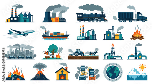 Flat Vector Icons Set: Climate Change, Pollution, Global Warming, and Industrial Impact on Environment