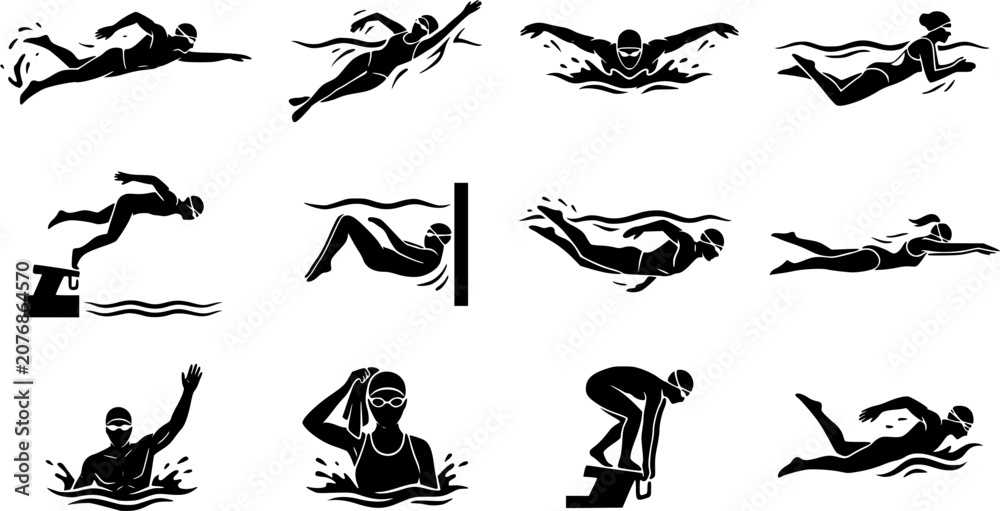 Fototapeta premium Swimming Athlete silhouette icon set, flat black glyph style, pure white background