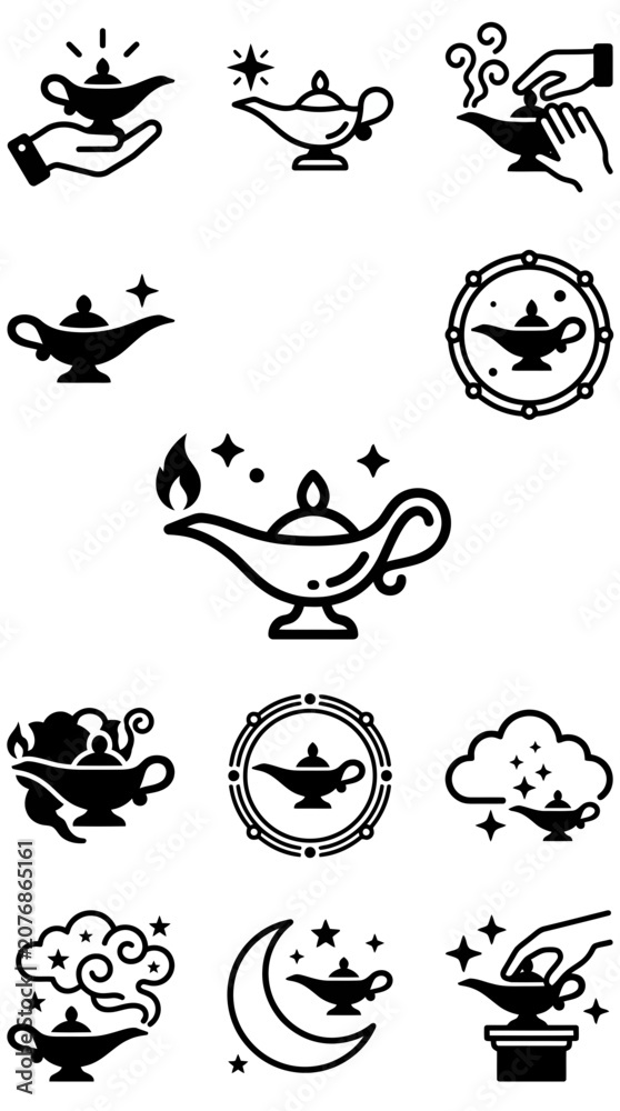 Fototapeta premium Magic Lamp Icons Set: Genie, Wish, Fantasy, Arabian Nights, Dream