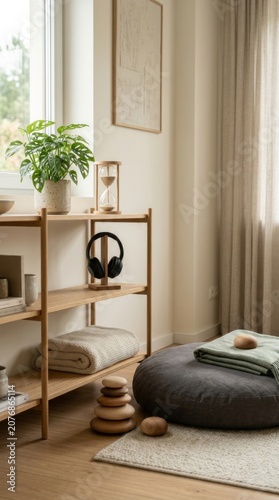 Cozy wellness room interior with meditation equipment and soft natural lighting wellness interior