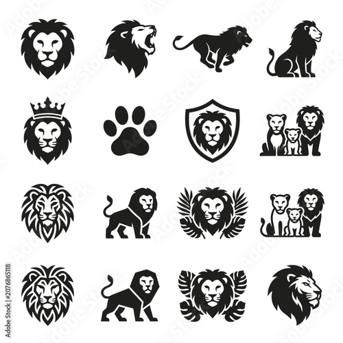 Foto Lion Icons Set: King, Family, Paw Print, Shield - Vector Graphics