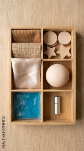 Natural self care products arranged in a minimalist wooden organizer tray with eco friendly