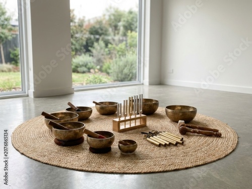 Sound healing therapy tools arranged on a circular rug for meditation with wellness, meditation