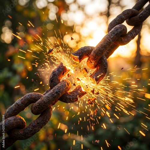 A rusty chain breaking apart with sparks flying.