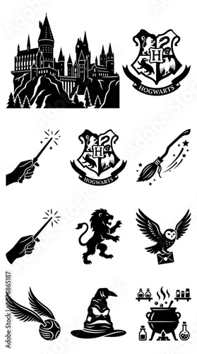Fotografie Magical School Symbols: Castle, Crest, Wand, Broom, Owl, Hat, Cauldron, Snitch