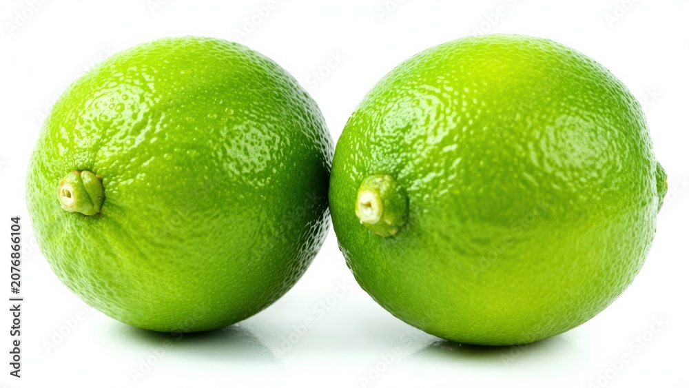 Fototapeta premium Two Fresh Limes: A close-up shot showcases two vibrant green limes with textured skin, isolated on a clean white background, highlighting their natural freshness and zesty appeal.