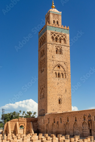 Historic Koutoubia Mosque Minaret in the Old Medina of Marrakech Under a Clear Blue Sky
