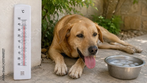 Labrador retriever dog panting during extreme heatwave with thermometer displaying high temperature and metal bowl of ice. Concept of animal safety during hot summer weather conditions