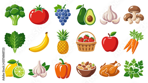 Healthy Food Icons: Vegetables, Fruits, Nuts, Chicken - Flat Design