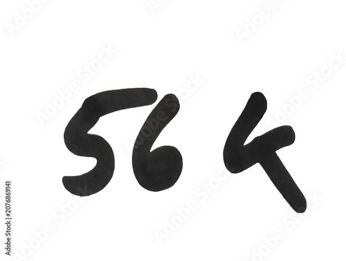 Billede på lærred Handwritten number five hundred sixty four written with black ink marker isolate