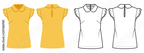 Top with ruffle sleeves, rounded collar and fitted silhouette with clean shaping seams. Technical fashion illustration in black and white and color, front and back views, apparel CAD template. Vector