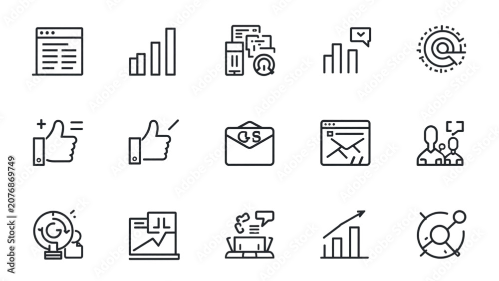 Fototapeta premium Business growth and digital marketing line icon set featuring financial chart graph analytical data envelope email and feedback symbols