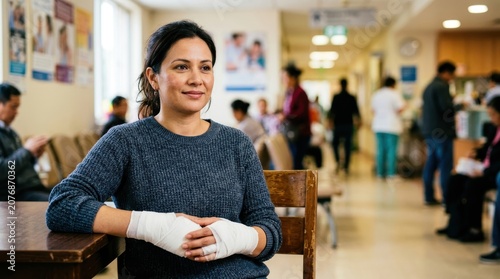 Woman with Arm Injury Waiting in Hospital Waiting Area.