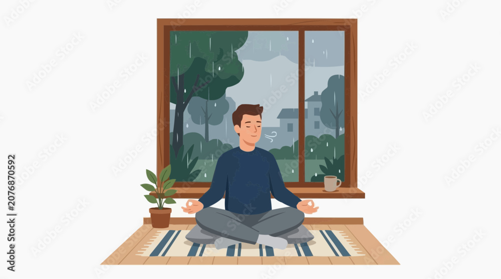 Fototapeta premium Man Meditating Indoors While It Rains Outside Peaceful Scene