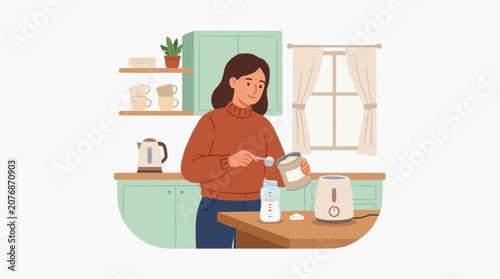 Woman preparing baby formula in a kitchen with a bottle warmer and kettle