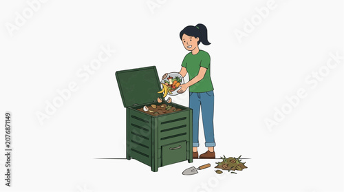 Woman adding organic waste to a green compost bin for sustainable gardening and recycling
