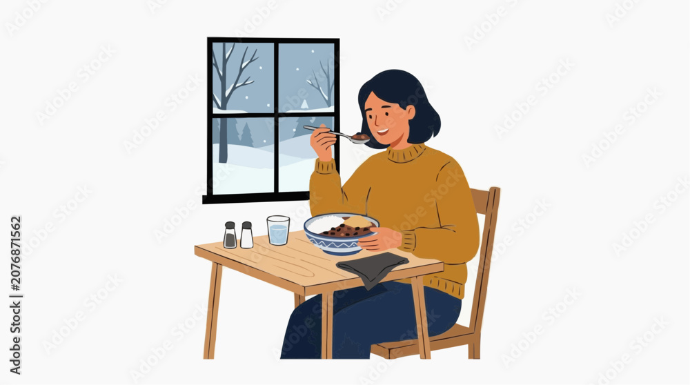 Fototapeta premium Woman eating a warm meal indoors by a window on a snowy winter day