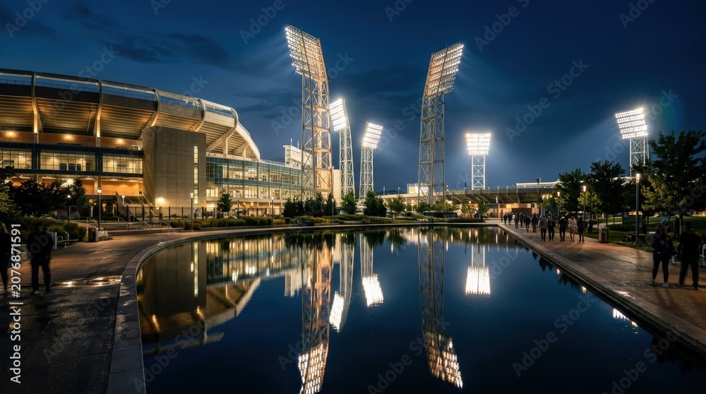 Fototapeta premium Nighttime View of Modern Stadium with Bright Lights and Reflections.