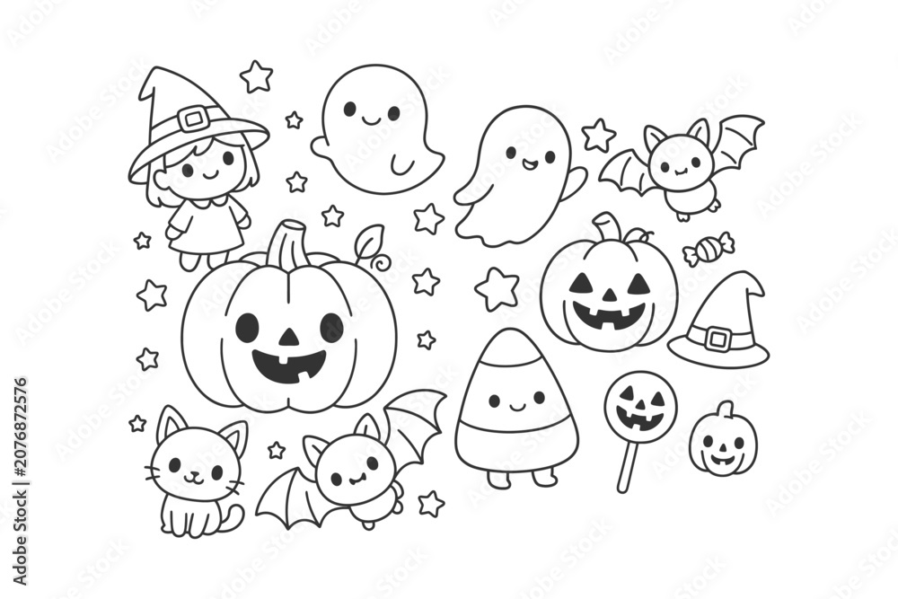 Obraz premium Cute kawaii style halloween collection featuring a little witch, smiling ghosts, pumpkins, bats, candy corn, and stars for coloring