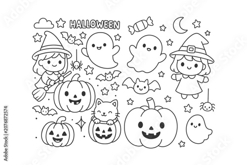 Cute kawaii style halloween collection featuring smiling witches, ghosts, happy pumpkins, flying bats, and playful cats in black line art