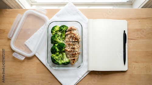 Overhead flat lay of a healthy meal prep container with grilled chicken and broccoli next to a blank planner notebook on a wooden table