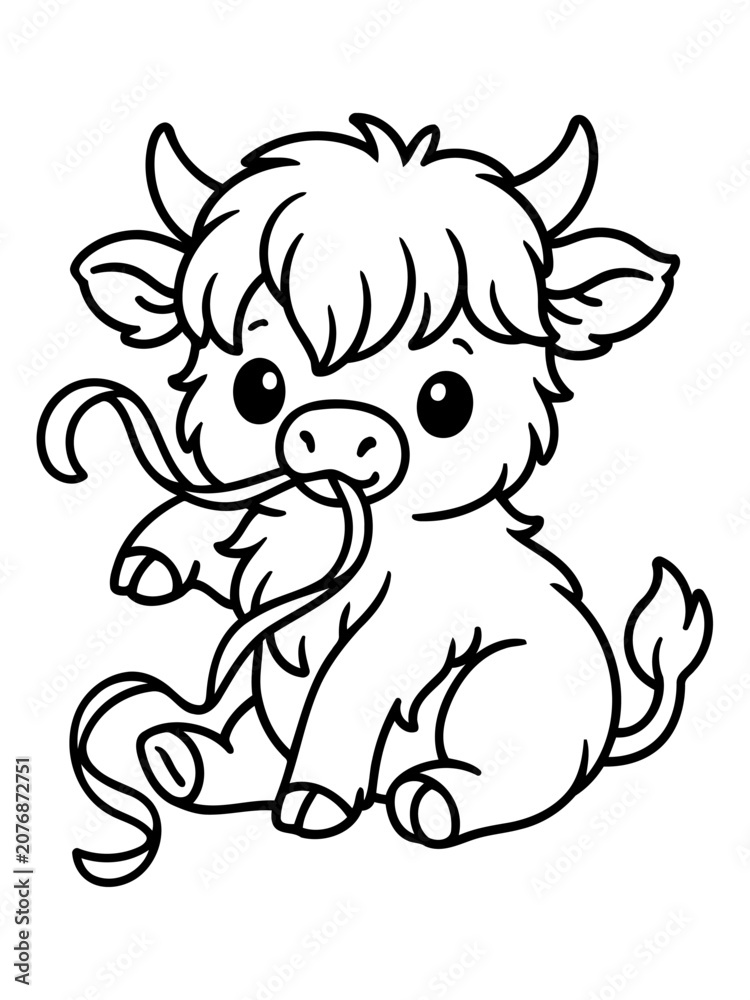 Obraz premium Cute Highland Cow Calf Illustration: A charming black and white line drawing of a baby Highland cow with fluffy hair and long horns, sitting and chewing on a ribbon.