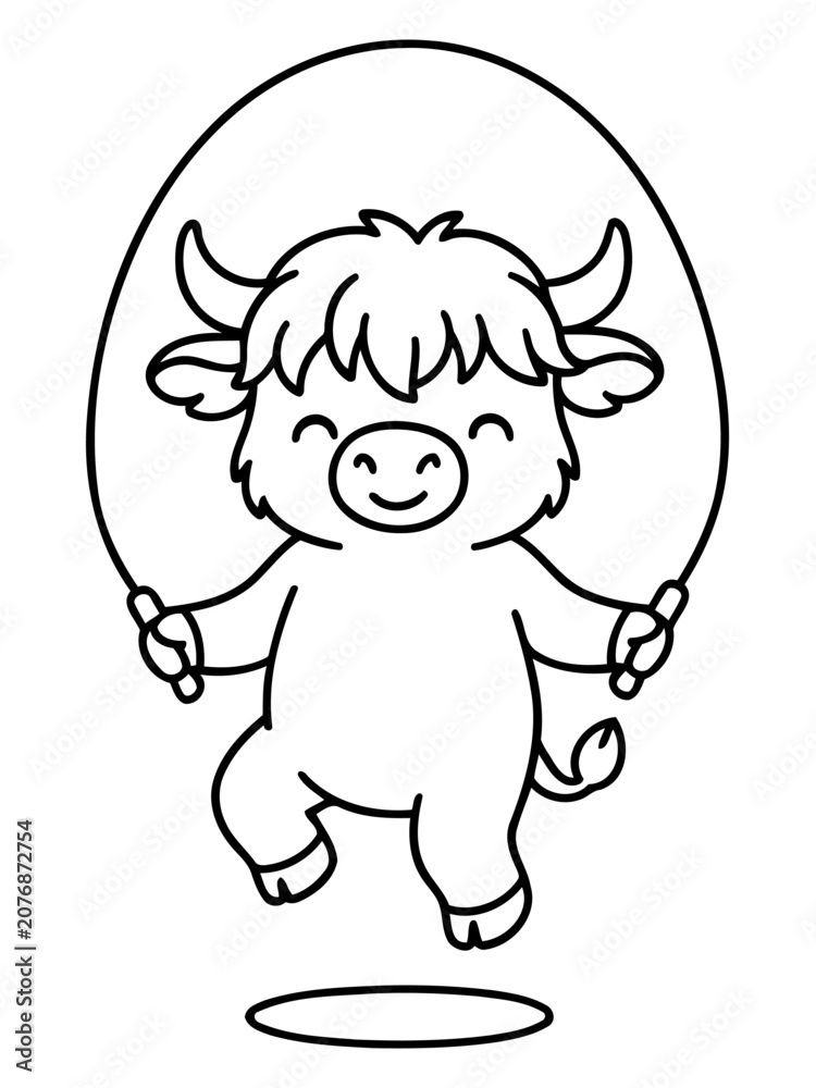 Obraz premium Cute Ox Jumping Rope: An adorable cartoon ox with a happy expression jumps over a jump rope, with its legs bent and its tail wagging. A cute, little ox is jumping rope.