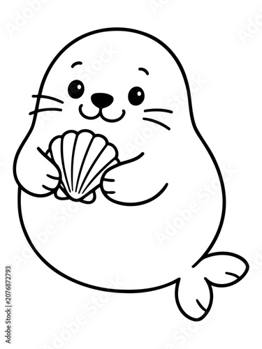 Cute Seal Holding Seashell: A charming cartoon seal pup with a big smile holds a delicate seashell, ready for an underwater adventure.