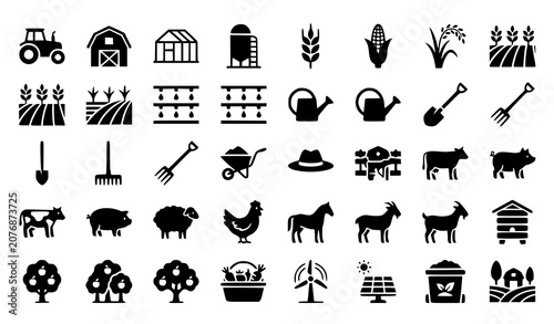 Farming Agriculture and Sustainable Farm Black Glyph Icon Set Vector