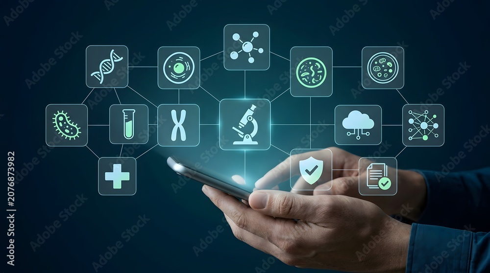 Fototapeta premium Digital health science network with smartphone interface