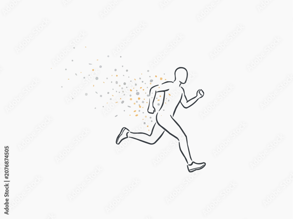 Obraz premium Running Man Line Art Silhouette with Exploding Particle Trail Vector Illustration