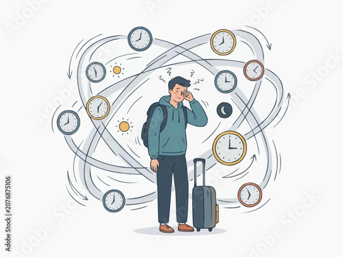 Tired Traveler with Suitcase Suffering from Jet Lag and Time Zone Fatigue Illustration