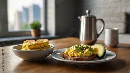 Healthy Avocado Toast with Scrambled Eggs, Fresh Coffee and Modern Breakfast Table Setting