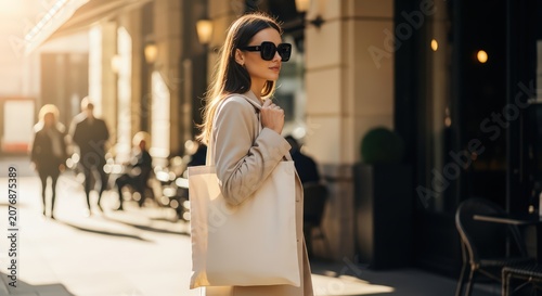 Elegant woman strolling with a blank tote bag on a sunlit city street, fashionably dressed for urban shopping or leisure.