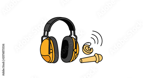 Cartoon illustration of yellow hearing protection earmuffs and an earplug with sound waves, representing safety and noise reduction, isolated on a white background.