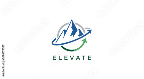 Foto Creative mountain peak logo design with an ascending green arrow and ELEVATE text, symbolizing nature's growth and ambition, isolated on a white background